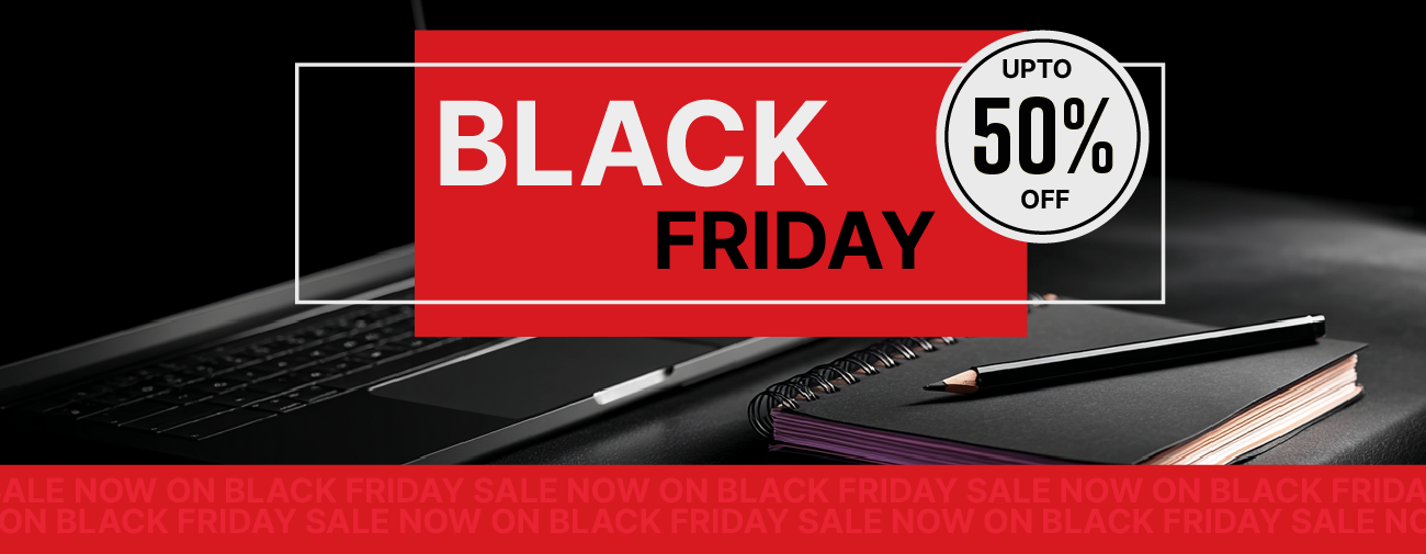 Black Friday - Up To 50% Off - presents, a laptop, pencil and notebook