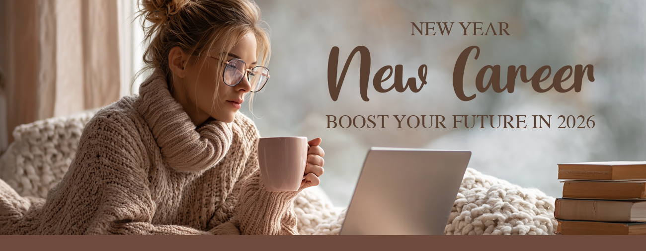 New Year New Career - a woman studying on her laptop from her cosy nook at home